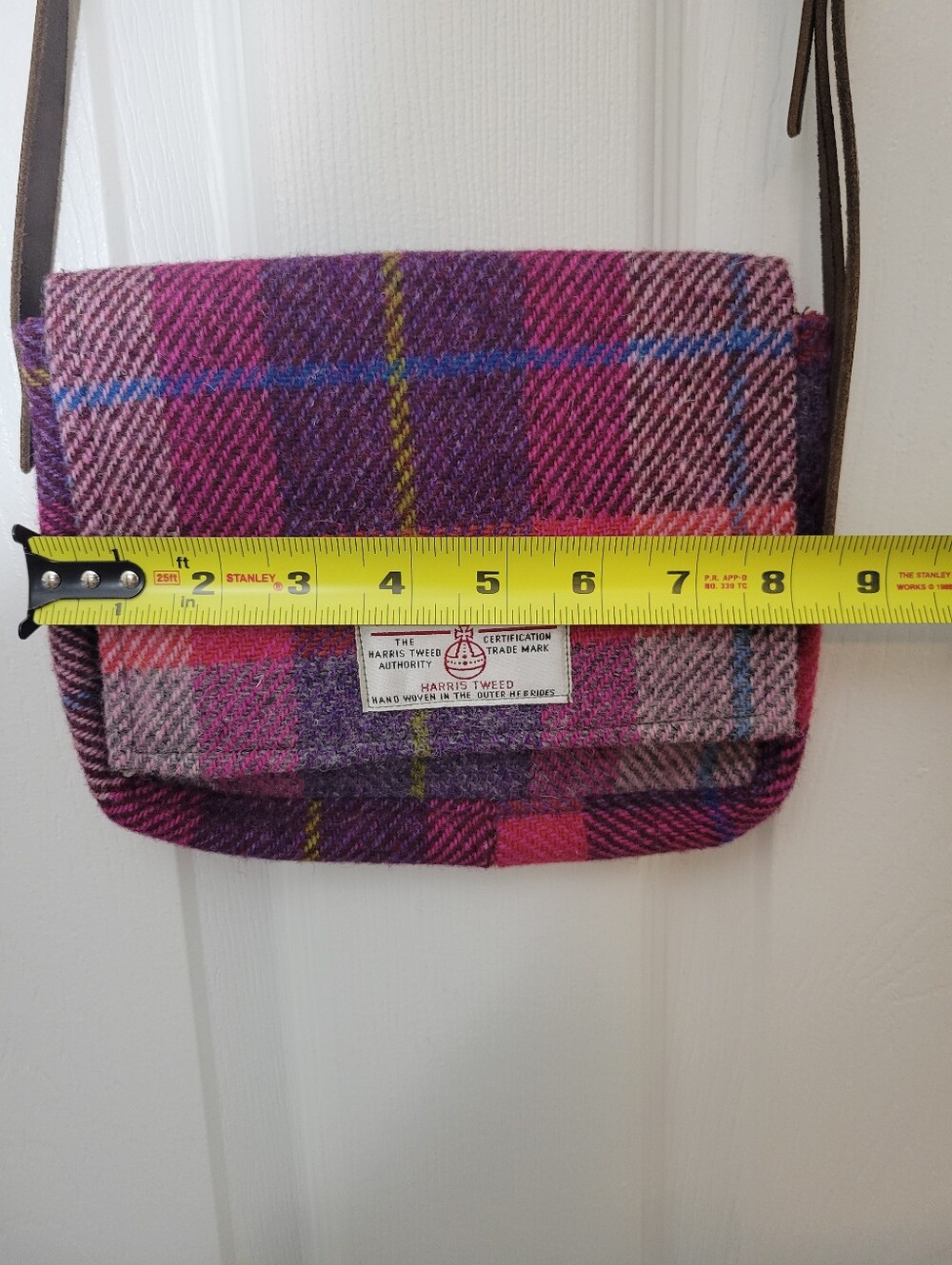 Harris Tweed Hand Woven in Scotland Wool Pink Plaid Crossbody Bag - Picture 10 of 14